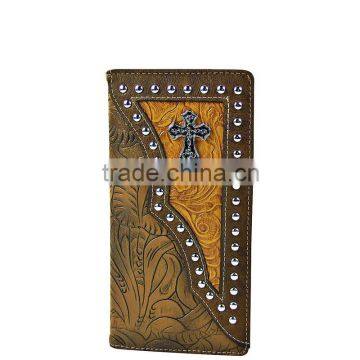 BROWN TOOLED LEATHERETTE CROSS WESTERN MENS CHECKBOOK BIFOLD WALLET