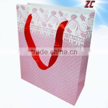 Factory Direct Sale Pink Paper Bag with Ribbon, Paper Bag with Ribbon