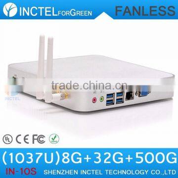 Fanless alluminum Mini PC Fanless Computer wiht 4 usb 3.0 c1037u 1.8Ghz 8G RAM 32G SSD 500G HDD