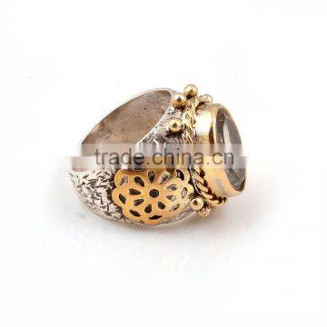 HandCarved Two Tone 925 Silver Ring With Green Amethyst