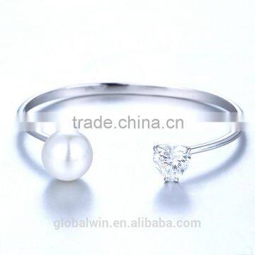 Elegance silver cuff bracelet Heart shape Crystal CZ with Freshwater Pearl New Design Bangle Hot sale Bracelet Jewelry FB051