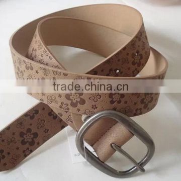 Fashion Women Lady Flower Print Leather Belt With Silver Tone Buckle