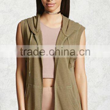 Long Fit Tie Dye Hoodie Women Drawstring Hood Ribbed Trim Heathered Sleeveless Zip Sleeveless Hoodie With Kangaroo Pocket