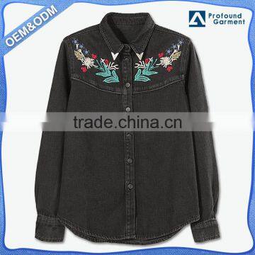 high quality fitness long sleeve embroidered quick dry ladies jeans woman denim shirt fabric 100% cotton custom design models
