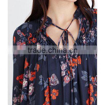 Wholesale Women Band Collar Long Sleeves Slit Cuffs Semi Sheer Floral Print Georgette Blouse(DQE0159T) photo-5