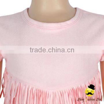 2017 Summer New Design Suede Plain Pink Fringe Cutting Flutter Sleeve Kids Modern Girls Dress photo-3