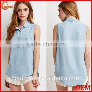 Fashion Sleeveless Lightweight Fabric Denim Shirt,collared Shirt With Patch Pocket photo-1