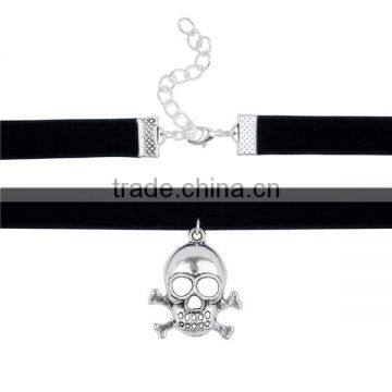 Custom Antique Silver Black Skull Velveteen Halloween Choker Necklace photo-2
