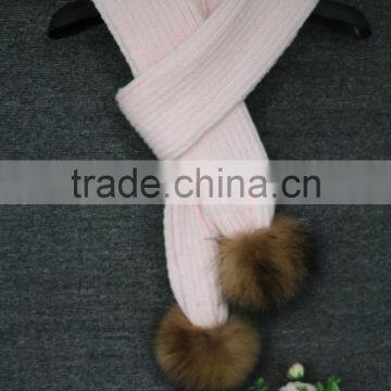 Fashionable Style Winter Scarf Striped Patterns Knitting Scarf With Raccoon Fur Ball