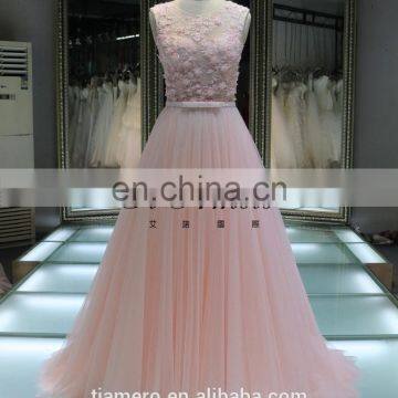 1A1045 Dreamy Light Pink Crocheted Lace Sash 3D Flowers Appliqued Sleeveless Evening Dress Prom Dress Bridesmaid Dress