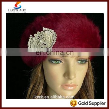 lingshang angora high quality knitted winter girl flower crochet fashion hat