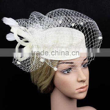 New Design Fashion Fascinator Birdcage Veil Sinamay Plain Church Hat With Feather photo-2