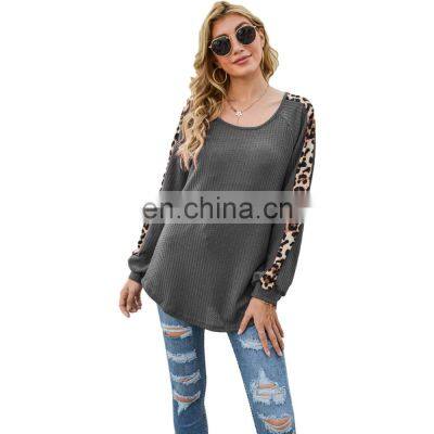 Custom Logo Spring and Autumn Women's Amazon Autumn and Winter New Long-sleeved Waffle Leopard Print Stitching T-shirt photo-3