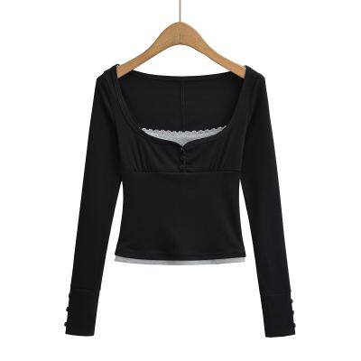 American-style Vintage Lace Trimmed Fitted and Slimming Top in Two Pieces With Long Sleeves, Made of Imitation Fabric. photo-3