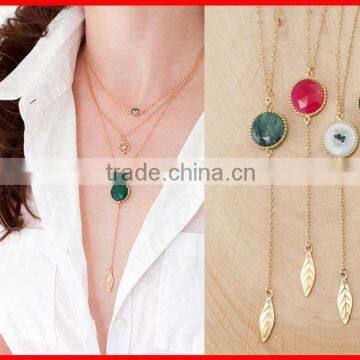 2016 various colors gemstone long chain leaf charm pendant Silver Y necklace