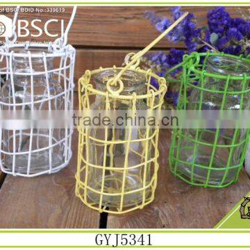 Decorative manmade colorful iron basket with handle glass inside candle holder