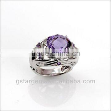 925 Sterling Silver Natural Gemstone Amethyst Rhodium Plated Jewelry CZ Ring Hong Kong Wholesale Semi Precious Stone