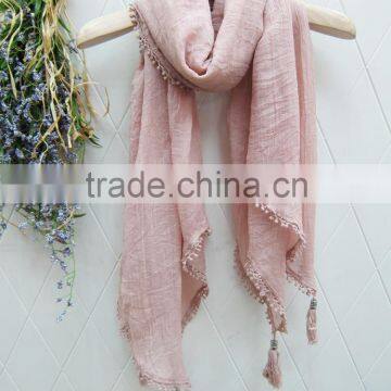Fashion Latest Large Long Plain Cotton Linen Embroidery Lace Brim Tassel Scarf Shawl photo-5