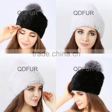 QD80619 Wholesale China White Mink Fur Hat With Silver Fox Fur Balls