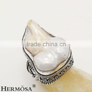 Freedom Shape Natural Stone White Biwa Pearl 925 Sterling Silver Men Rings