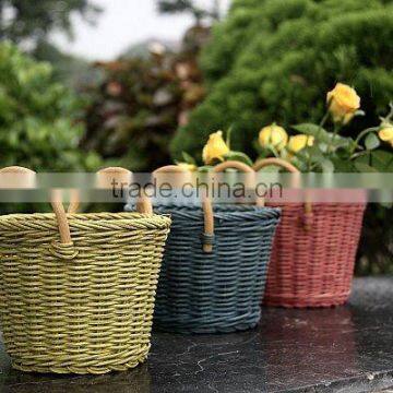 Multicolor rattan flower basket with wood and rattan handle