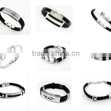 Fashion Stainless Steel Black PU Leather Mens Womens Bangle Bracelet