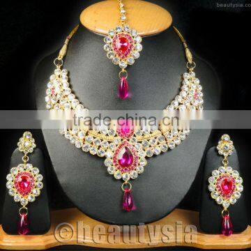 Designer Bollywood Fashionable Highly Stunning Jewelry Necklace Set Magenta F03