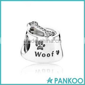 Wholesale dog bowl silver charm beads with white CZ 925 sterling silver floating charms locket of dog bone shape