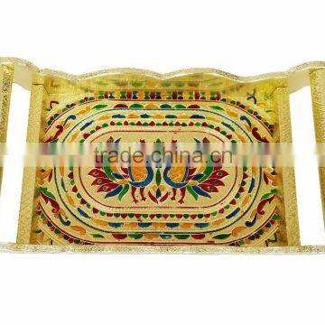 TWIN PEACOCK Designed WOODEN MEENAKARI TRAY WITH MATCHING 6-GLASSES SET - G.M. photo-3