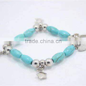 Chuncky Tribal Stretch Bracelet in Turquoise &Silver Shell Key Star Antique Silver Charm Bohemian Gypsy Bracelet