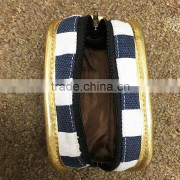 Blue Stripe Printing Cotton Canvas Zipper Pouch Make Up Clutch Bag With Gold Edge photo-5