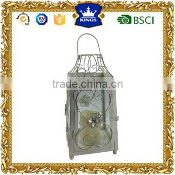 Haning white spring metal candle lantern with LED candle and flower design