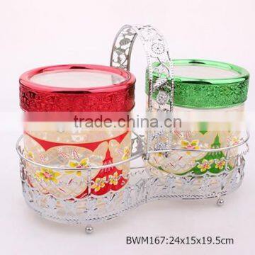 2pcs round glass jar with nice decal in a metal rack