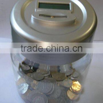 Transparent tin shape plastic digital coin counting money jar/money bank