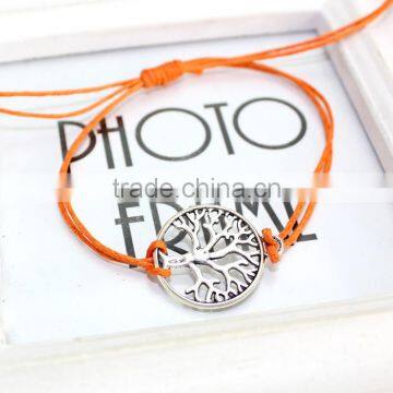 Antique Silver Hollow Tree of Life Charm Bracelet Customized Charm Wax Cord Bracelet Cheap Personalzied Bracelet for Promotion