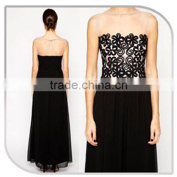 New Dress Style2016 Summer Chiffon One Piece Dress With Mesh Embroidered Top