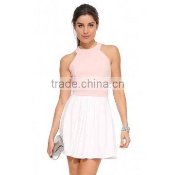 Ladies Sweet Style Back Bow Round Halter Neck Cross Back Elegant Fit and Flare Short Dress