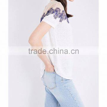Customized Wholesale Lady's Apparel Simple Classic Floral Linen and Lace T-shirt(DQM005T) photo-4