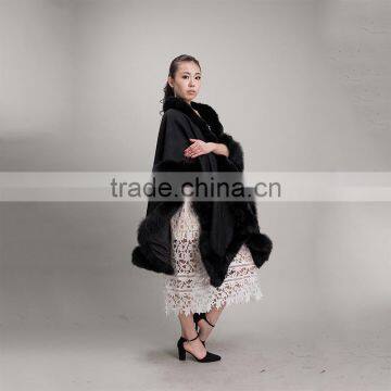 Myfur Fashion Style Women Black Color Cashmere Poncho With Fox Fur Trim Cape/Shawl photo-3