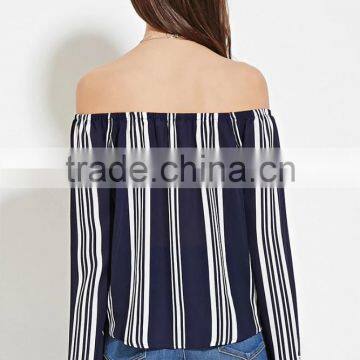 2016 Hot Sale Yarn Dyed Cotton Summer Fashion off Shoulder Long Sleeve Ready Made Blouse photo-3
