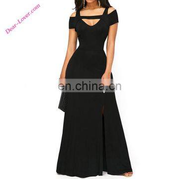 Hot selling Black Cold Shoulder Front Slit Flare Maxi Dress Dance Dress