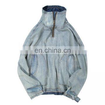 OEM Turtle High Collar Oversized Loose Fit Cuff Washed Men Street Style Jean Denim Jacket photo-2