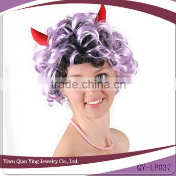 cheap short purple and black tight curly ox horn halloween party wig