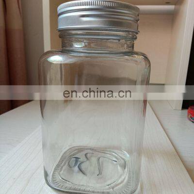 Transparent square glass food storage jar with metal aluminum screw  lid