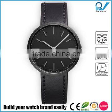 PVD Black stainless steel case genuine leather strap water resistant japan movement leather wristband watch