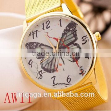 2014 Excellent Womens gold Band Fashion Butterfly Style Analog Quartz Wrist Watch