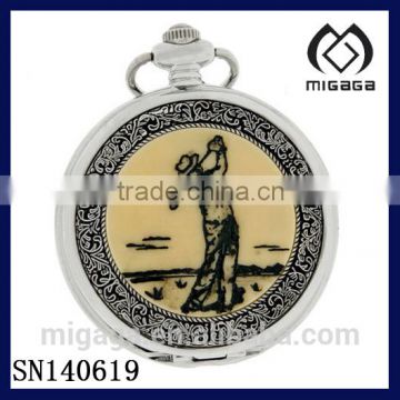 Quartz Pocket Watch Mens Antiqued Carved Golfer Resin Silver Tone Watch