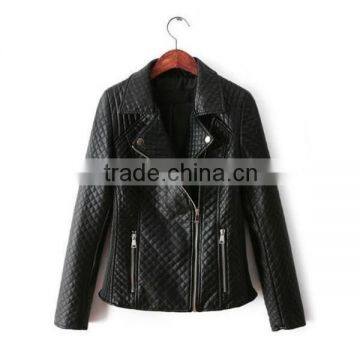 2015 Ladies full dimond stitching smart black PU leather jacket