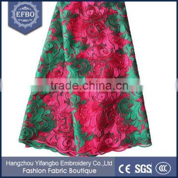 2016 best sale fushia and green fancy net fabric lace in bangkok high quality multi color embroidery african tulle lace fabric