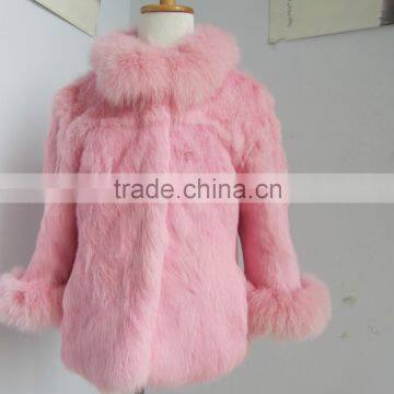 children pink rabbit fur coat with fox fur trim